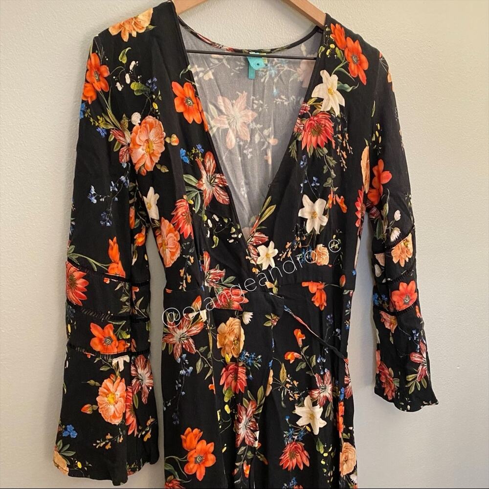 FARM Rio Brazil Black Floral Wrap Front Long Sleeve Maxi Dress Tropical XS - Picture 6 of 16